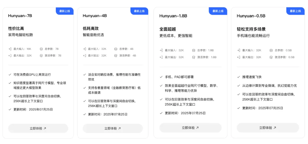 腾讯混元开源0.5B、1.8B、4B、7B小模型